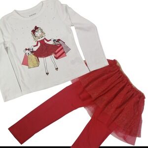 Girl's Sequin Graphic T-Shirt & legging Two Piece Set Size 5 Red white New